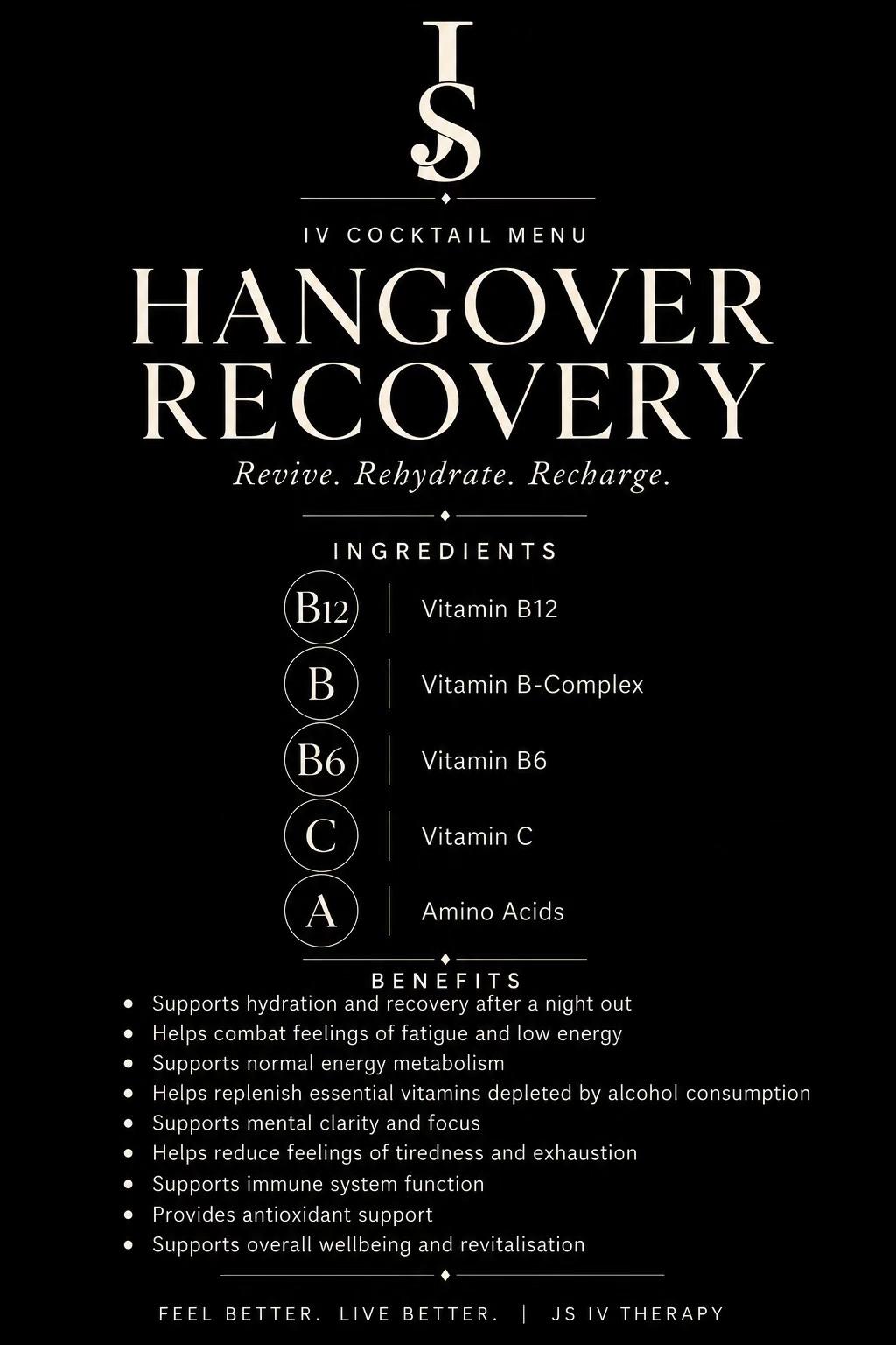Hangover Recovery IV cocktail menu